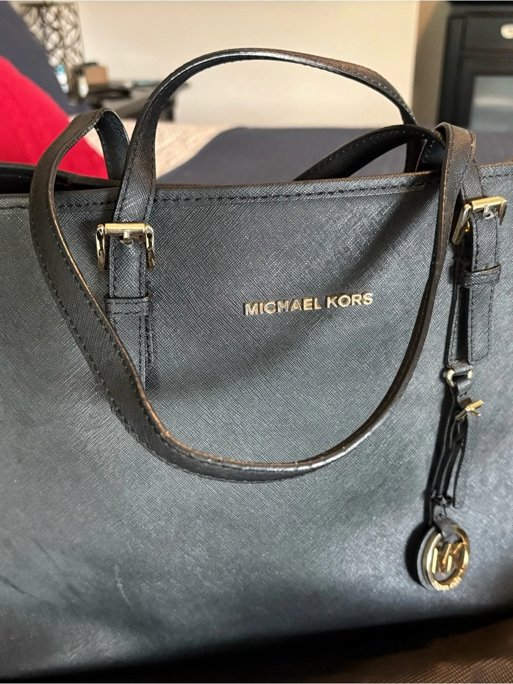 Michael Kors Black Leather Saffiano Tote with Gold Hardware